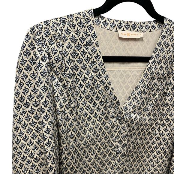 Tory Burch Cream Navy Silk Blend Button Front Long Sleeve Caralyn Blouse Size 12 - Picture 4 of 7